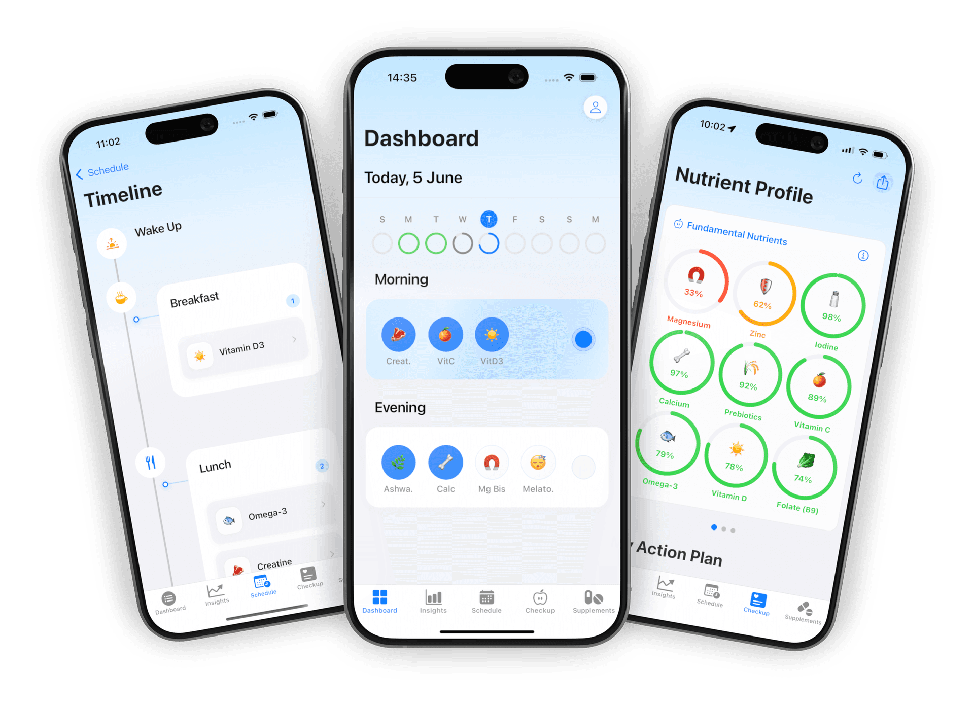 Supplement tracker app screenshots showing AI-powered scheduling, nutrient analysis, and supplement library interface