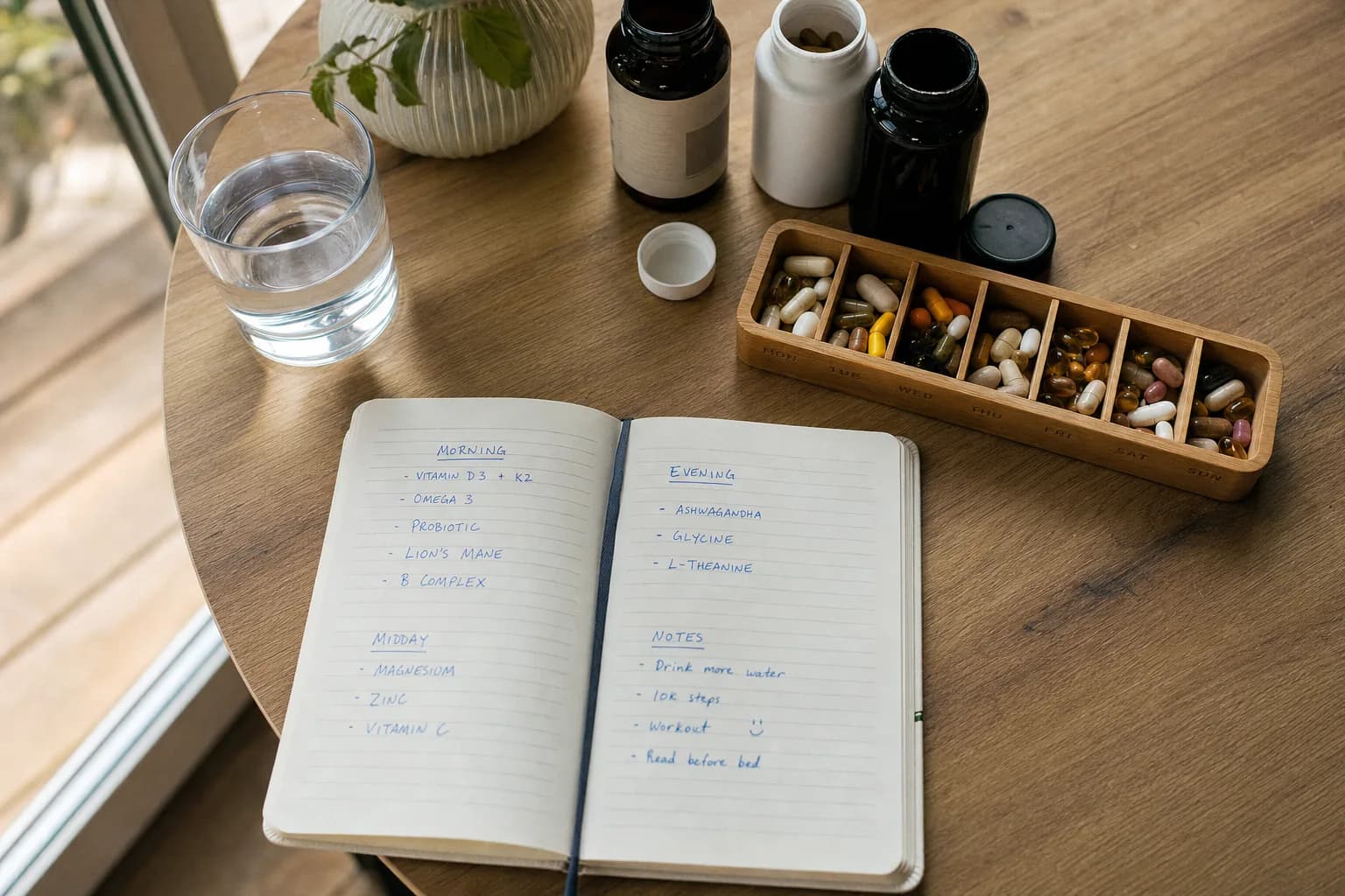 Open notebook with a handwritten supplement schedule beside a weekly pill organizer and supplement bottles